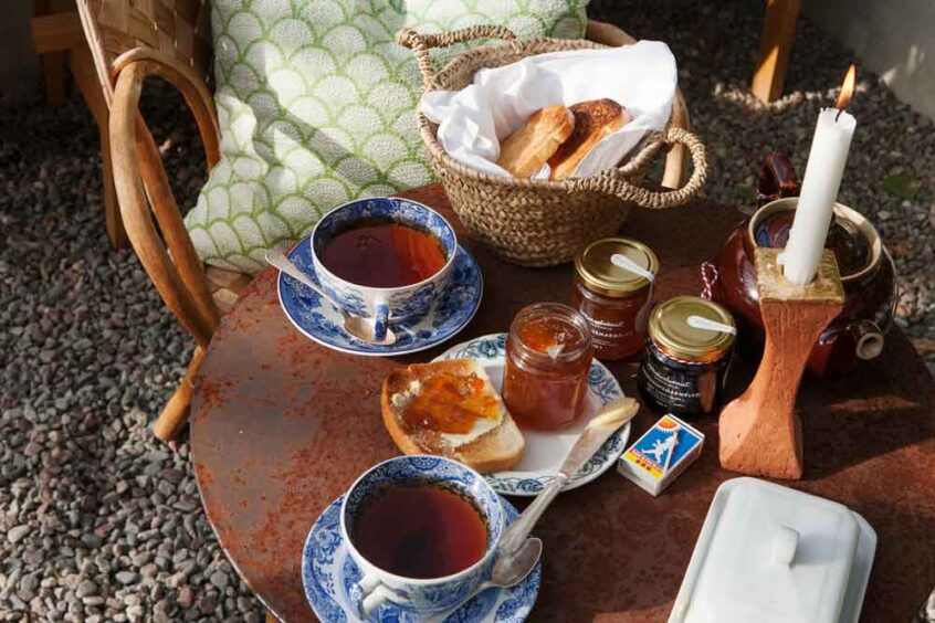 Uppdukat bord med tekoppar, toast och marmelad i växthus.