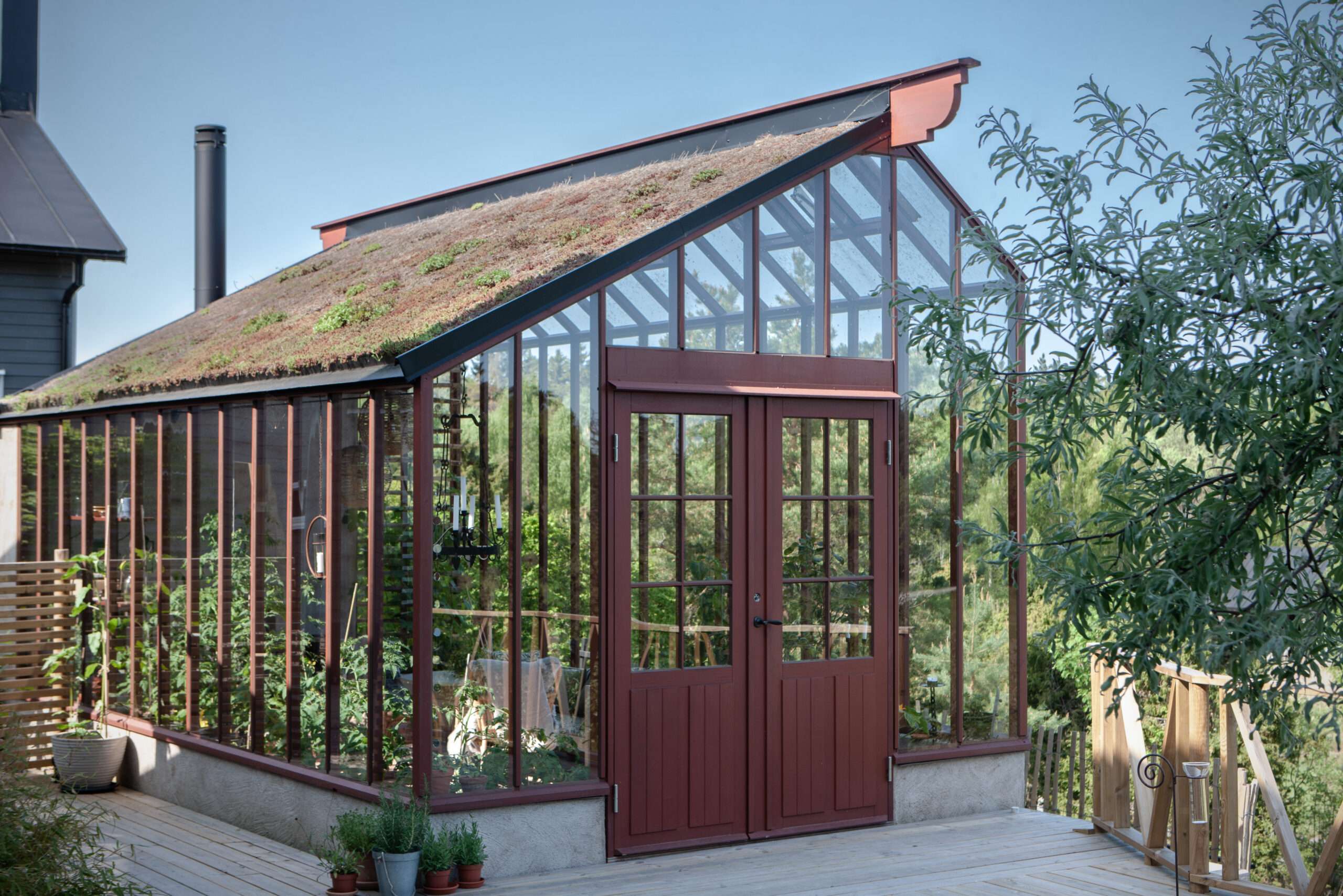 Växthus med asymmetriskt tak.